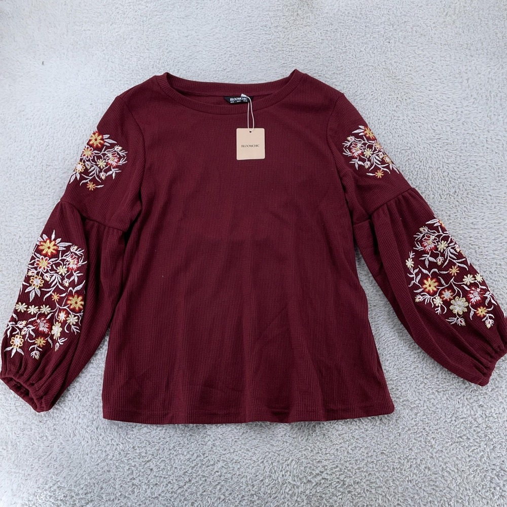 BloomChic Shirt Womens 10 Burgundy Waffle Knit Embroidered Balloon Sleeve Boho